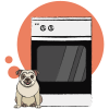 Oven with a dog beside it, representing a household appliance covered by Zest Appliance Care Plan