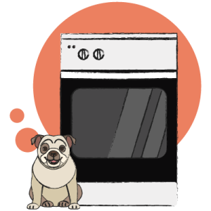 Oven with a dog beside it, representing a household appliance covered by Zest Protect