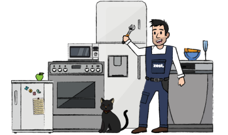 Domestic fridge freezer with Zest Protect Appliance Cover shield icon and a potted plant beside it