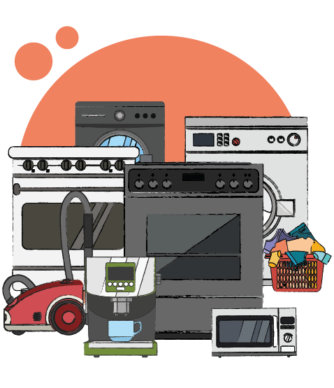 Collage of some of the home appliances we can provide cover for: washing machine, fridge, cooker, dishwasher, dryer