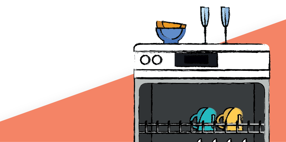 Image of a dishwasher with dirty dishes on top, showcasing one of the kitchen appliances we cover