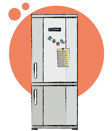 Image of a fridge freezer with fidge magnets on, showcasing one of the kitchen appliances we cover