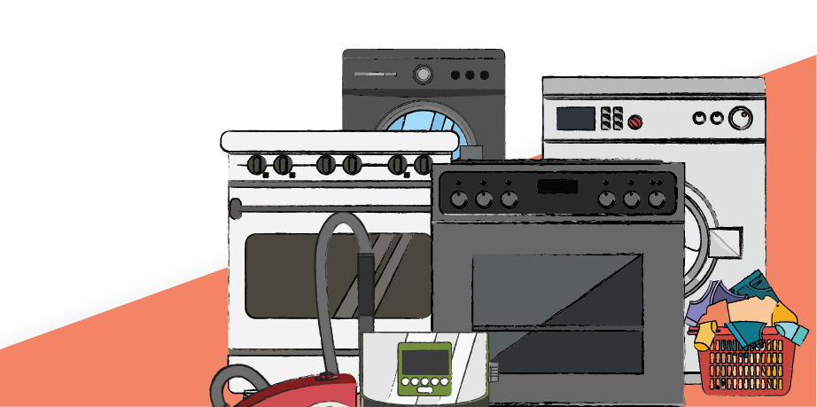 Collage of some of the home appliances we can provide cover for: washing machine, fridge, cooker, dishwasher, dryer