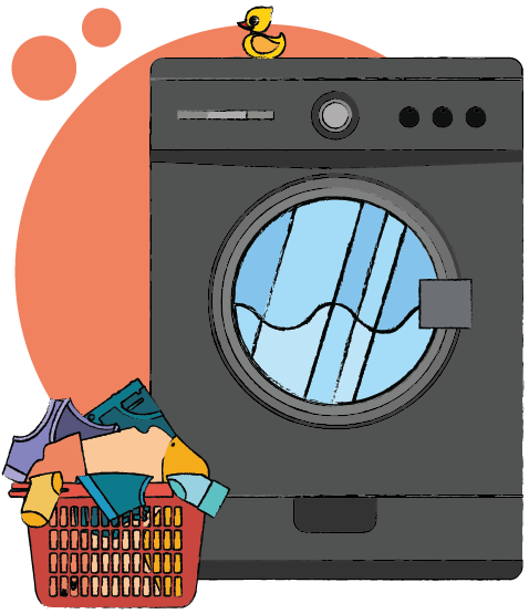 Image of a washing machine with a cat and laundry basket on top, showcasing one of the kitchen appliances we cover