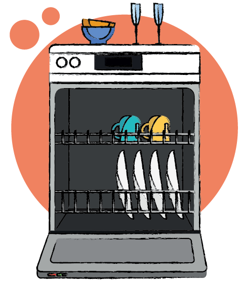 Image of a dishwasher with dirty dishes on top, showcasing one of the kitchen appliances we cover