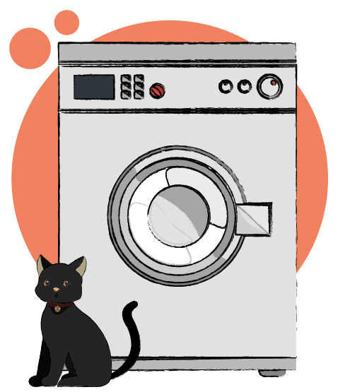 Image of a tumble dryer with a black cat sat next to it, showcasing one of the kitchen appliances we cover