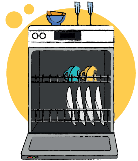Image of a washing machine with a cat and laundry basket on top, showcasing one of the kitchen appliances we cover
