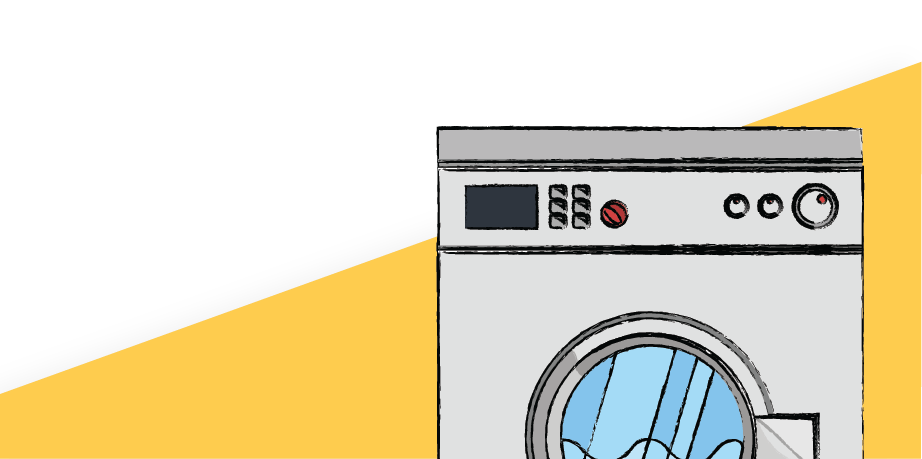 Image of a washing machine with a cat and laundry basket on top, showcasing one of the kitchen appliances we cover