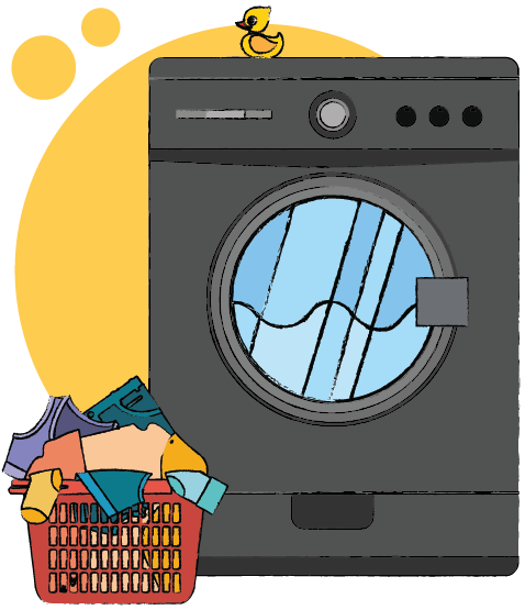 Image of a washing machine with a cat and laundry basket on top, showcasing one of the kitchen appliances we cover