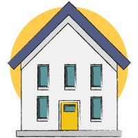 Illustration of a house representing a modern home, associated with kitchen appliances, white goods, brown goods, and home tech