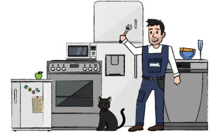 Domestic fridge freezer with Zest Protect Appliance Cover shield icon and a potted plant beside it