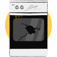 Oven or cooker illustration with shattered glass door, showing damage that may require appliance repair or replacement
