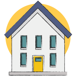 Illustration of a house representing a modern home, associated with kitchen appliances, white goods, brown goods, and home tech