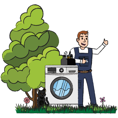 Image of a washing machine with a cat and laundry basket on top, showcasing one of the kitchen appliances we cover